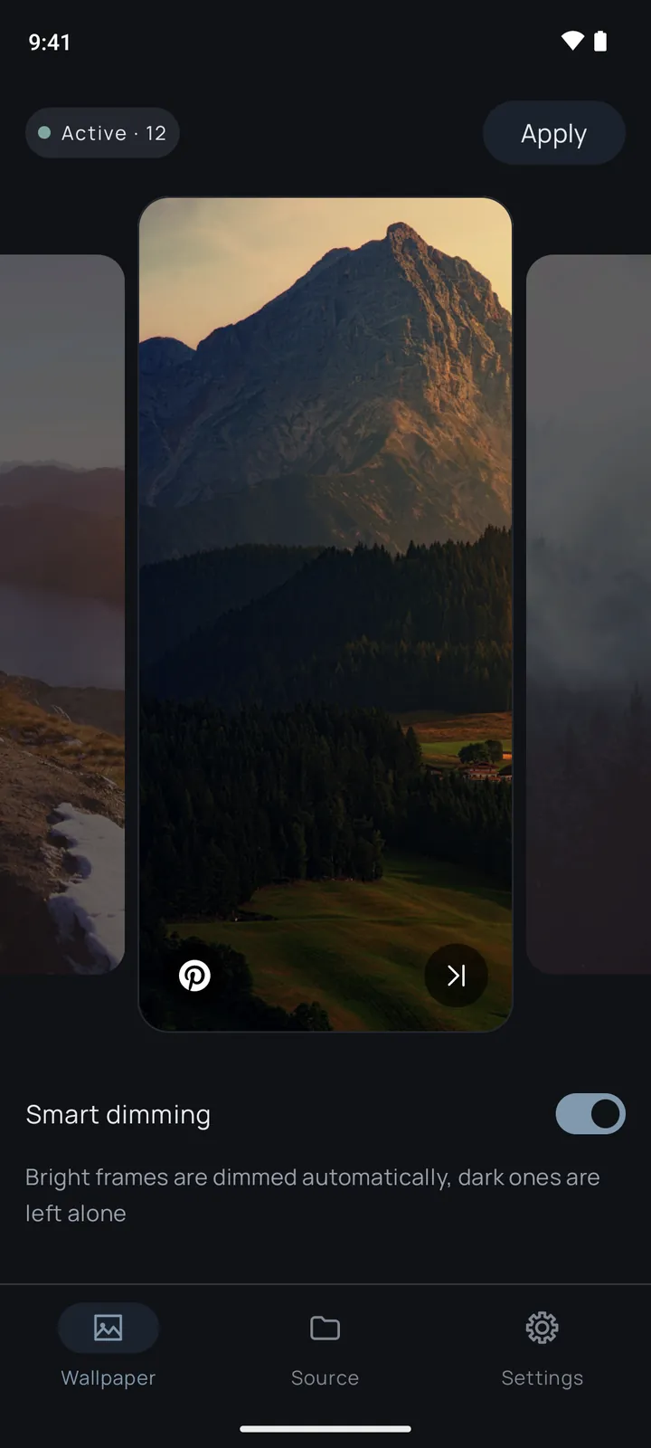 WallApp’s Wallpaper screen: the live wallpaper is active, a sunset mountain photo sits in the carousel, and the Smart dimming switch is on