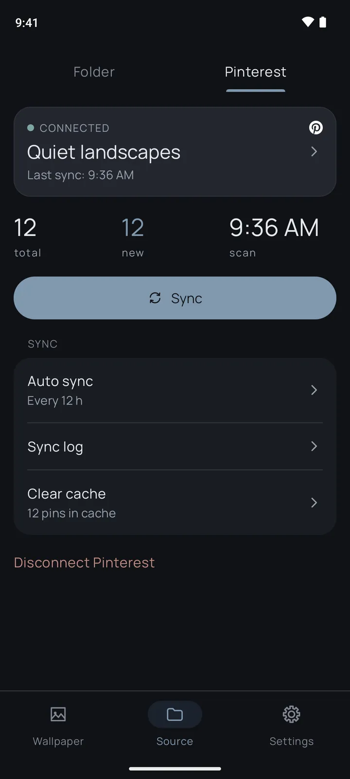 WallApp’s Pinterest source screen: the board “Quiet landscapes” is connected, 12 pins, last sync 9:36 AM, auto sync every 12 hours
